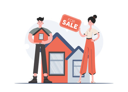 A man and a woman are standing in full growth with a sale sign. house sale. flat style. Element for presentations, sites. vector illustrationのイラスト素材