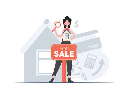 A woman stands in full growth with a house mockup and a sale sign. property search. flat style. Element for presentations, sites. vector illustrationのイラスト素材