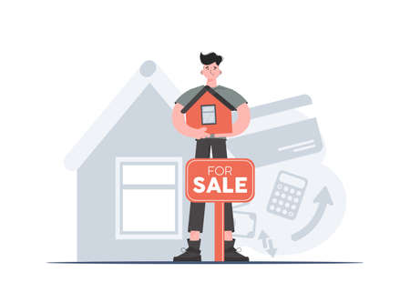 A man stands in full growth and holds a model of the house. property for sale. flat style. Element for presentations, sites. vector illustrationのイラスト素材