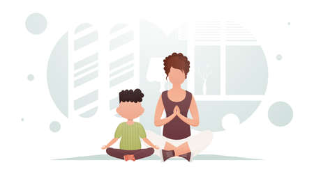 Mom and son are sitting meditating. Yoga. Cartoon style.のイラスト素材