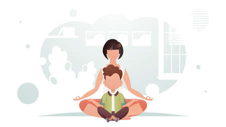Mom and son are sitting in a room in the lotus position. Meditation. cartoon style. vector illustrationのイラスト素材