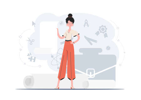 A woman stands in full growth holding a blank sheet in her hands. Place for advertising. flat style. Element for presentations, sites. vector illustrationのイラスト素材