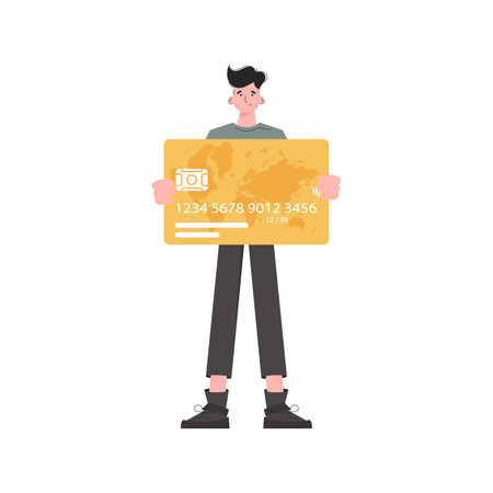 A man stands in full growth with a plastic card in his hands. isolated. flat style. Element for presentations, sites. vector illustrationのイラスト素材