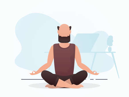 A man sits in a room doing meditation. Yoga. cartoon style. vector illustrationのイラスト素材