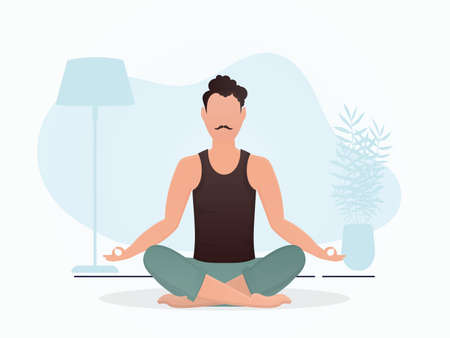 A man sits in a room doing meditation. Meditation. cartoon style. vector illustrationのイラスト素材