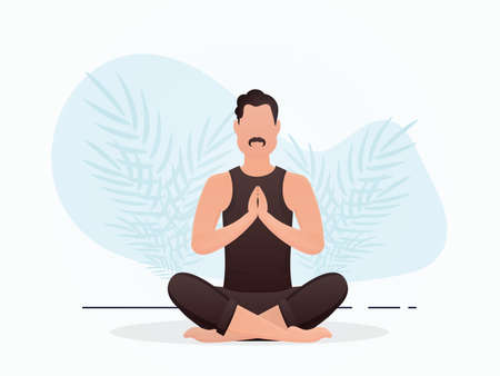 A man sits in a room meditating. Meditation. cartoon style. vector illustrationのイラスト素材