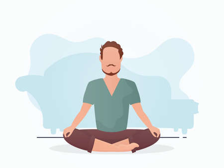 The man sits in the lotus position. Yoga. cartoon style. vector illustrationのイラスト素材
