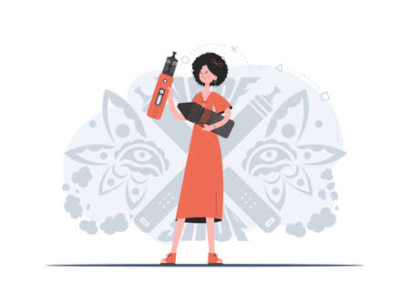 Vector pop art illustration of a young sexy girl smoking e-cigarette, exhaling a vapor. Template advertising poster or sale promo banner for e-cig vape shop, vape bar, electronic vaping device store.のイラスト素材