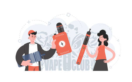 The girl and the guy are holding an electronic cigarette in their hands. flat style. The concept of replacing cigarettes. vector illustration.のイラスト素材