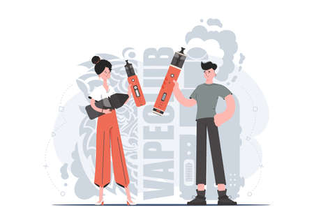 A girl and a guy are holding a vaping system in their hands. Trendy style with soft neutral colors. The concept of vapor and vape. vector illustration.のイラスト素材