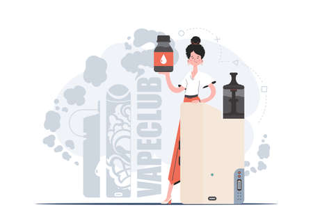 The girl is holding an electronic cigarette in her hands. flat style. The concept of replacing cigarettes. vector illustration.のイラスト素材