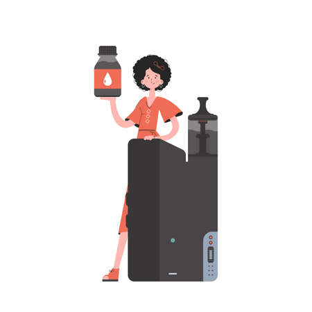 A woman holds in her hands a pod system for vaping. flat style. isolated on white background. vector illustration.のイラスト素材