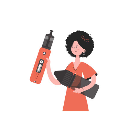 The girl holds in her hands a system for vaping. flat style. isolated. vector illustration.のイラスト素材