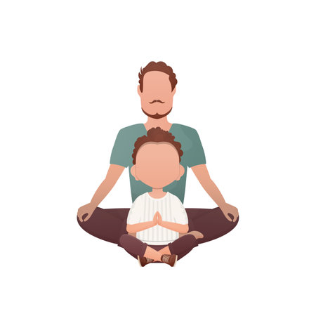 Dad and little son are sitting in the lotus position. isolated. cartoon style. vector illustrationのイラスト素材