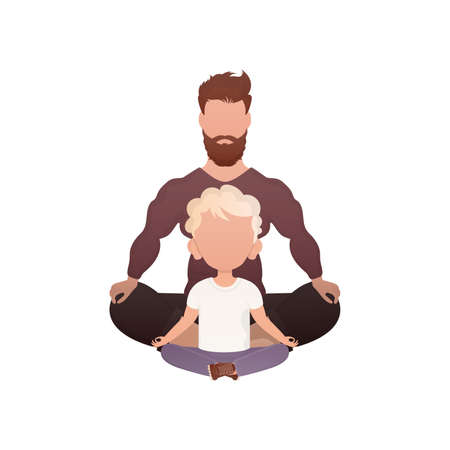 A man with a cute baby sit meditate in the lotus position. isolated. cartoon style. vector illustrationのイラスト素材