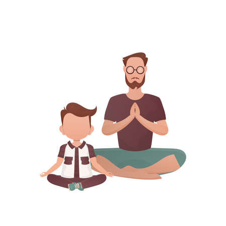 A man with a cute baby is sitting in a lotus position. isolated. cartoon style. vector illustrationのイラスト素材
