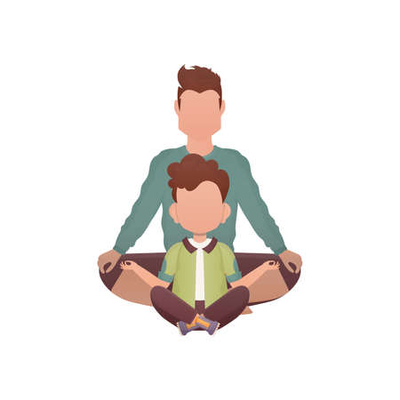 Dad and son are sitting meditating. isolated. cartoon style. vector illustrationのイラスト素材