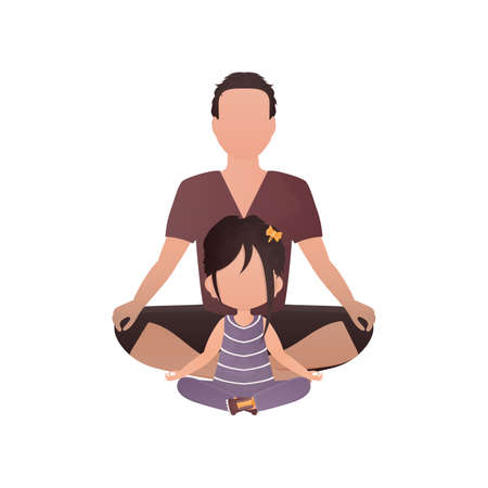 Dad and little daughter are sitting in the lotus position. isolated. cartoon style. vector illustrationのイラスト素材