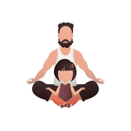Dad and little daughter are sitting meditating. isolated. cartoon style. vector illustrationのイラスト素材