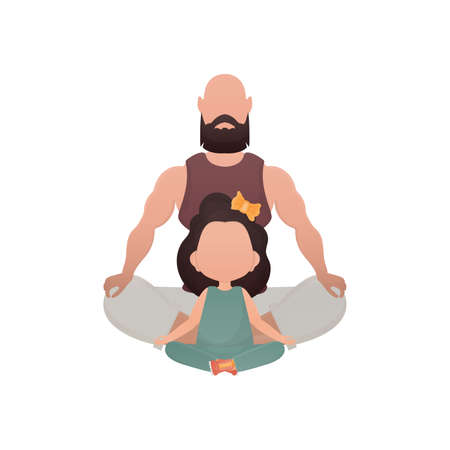 Dad and daughter are sitting meditating. isolated. cartoon style. vector illustrationのイラスト素材
