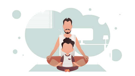 A strong man and an adorable kid are sitting and doing yoga in the room. Yoga. cartoon style. vector illustrationのイラスト素材