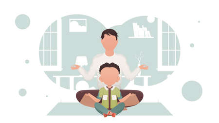 Dad with little son are sitting meditating in the room. Yoga. cartoon style. vector illustrationのイラスト素材