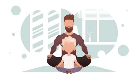 A man with a little boy are sitting meditating in the lotus position. Yoga. cartoon style. vector illustrationのイラスト素材
