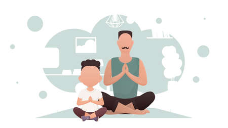 A man with a little boy sit in the lotus position. Meditation. cartoon style. vector illustrationのイラスト素材
