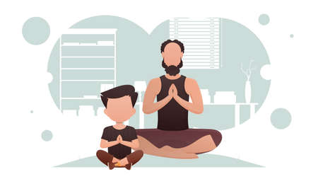 Dad and son are sitting meditating in the room. Yoga. cartoon style. vector illustrationのイラスト素材