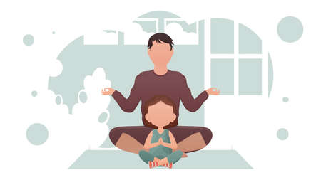 Dad and little daughter are sitting in the lotus position. Meditation. cartoon style. vector illustrationのイラスト素材