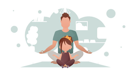 A man and a little girl sit in the lotus position. Yoga. cartoon style. vector illustrationのイラスト素材