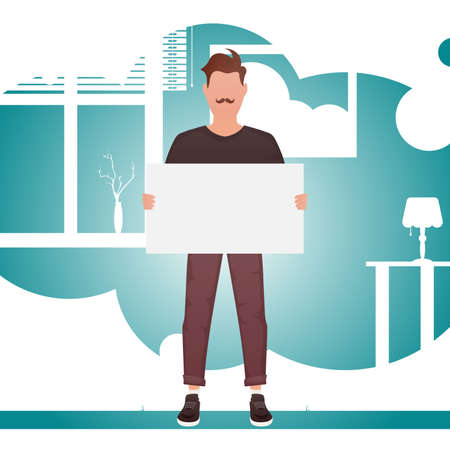 A guy of strong physique in full growth holds a blank sheet in his hands. Place for your advertisement. cartoon style. vector illustrationのイラスト素材