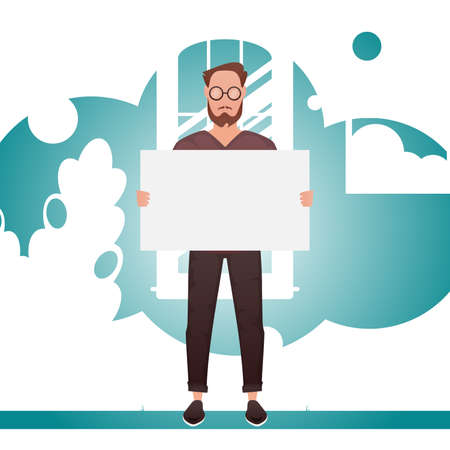 A guy of strong physique in full growth holds an empty sign in his hands. Place for your advertisement. cartoon style. vector illustrationのイラスト素材