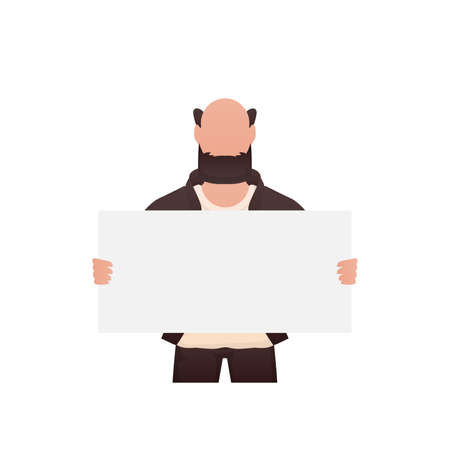 A man of athletic build holds a blank banner in his hands. isolated. cartoon style. vector illustrationのイラスト素材