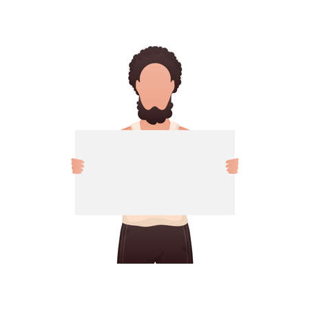 A man of athletic build holds an empty sign in his hands. isolated. cartoon style. vector illustrationのイラスト素材
