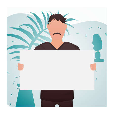 A man holds a blank sheet in his hands. Place for your advertisement. cartoon style. vector illustrationのイラスト素材