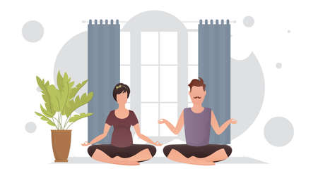 The guy and the girl are doing yoga in the lotus position in the room. Meditation. cartoon style. vector illustrationのイラスト素材