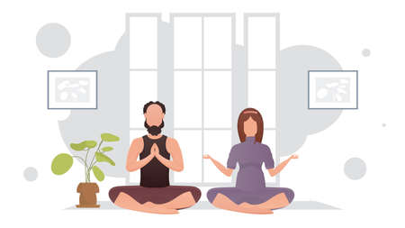 The guy and the girl are sitting in the lotus position in the room. Yoga. cartoon style. vector illustrationのイラスト素材