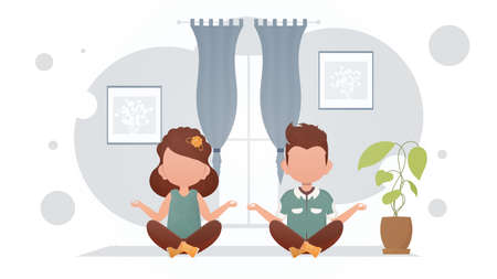 A little boy and a cute girl are doing yoga in the lotus position in the room. Meditation. cartoon style. vector illustrationのイラスト素材