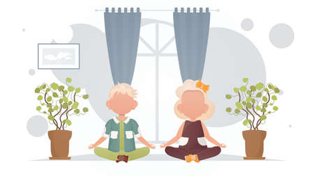 A boy and a girl are doing meditation in the lotus position in the room. Yoga. cartoon style. vector illustrationのイラスト素材
