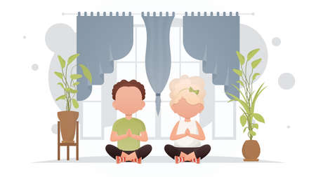 A boy and a girl are sitting in the lotus position in the room. Meditation. cartoon style. vector illustrationのイラスト素材
