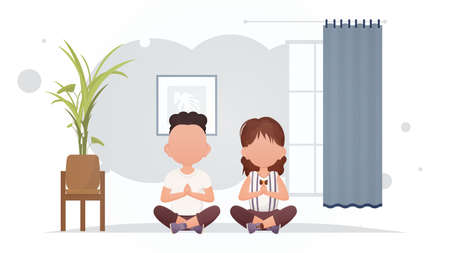 A boy and a girl are sitting in the lotus position in the room. Yoga. cartoon style. vector illustrationのイラスト素材