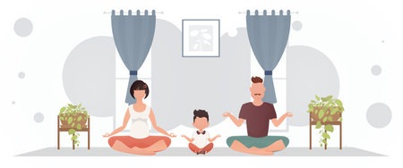 A man and a woman with a little boy are doing meditation in the room. Meditation. cartoon style. vector illustrationのイラスト素材