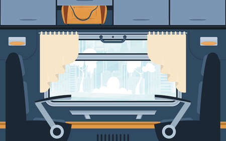 Empty suburban train with seats and a large window. railway transport. cartoon style. flat style. vector illustrationのイラスト素材