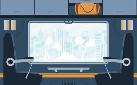 Train compartment with armchairs and a large window. railway transport. cartoon style. flat style. vector illustrationのイラスト素材