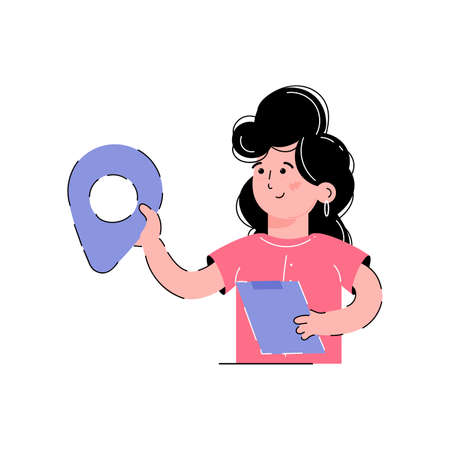 The girl is holding a tablet and a location icon in her hands. delivery concept. isolated on white background. Trendy flat vector style.のイラスト素材