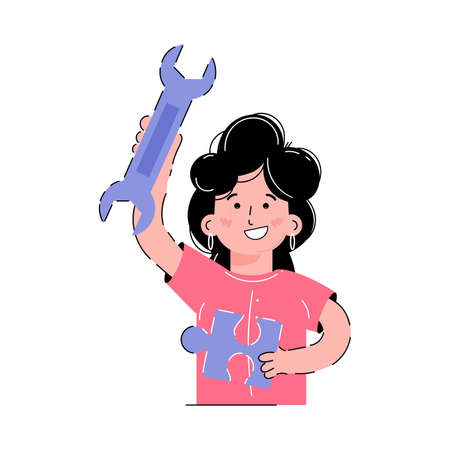 The girl holds a wrench and a puzzle in her hands. support concept. isolated on white background. Trendy flat vector style.のイラスト素材