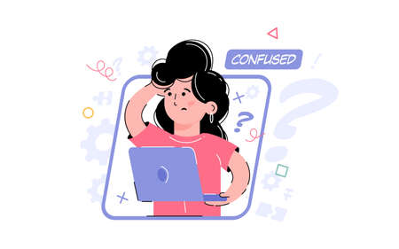 Confusion theme. Confused girl works at a computer, which has questions. Element for the design of presentations, applications and websites. trend illustration.のイラスト素材