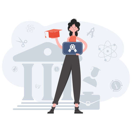 The girl stands in full growth and holds a diploma. education. Element for presentations, sites. vector illustrationのイラスト素材