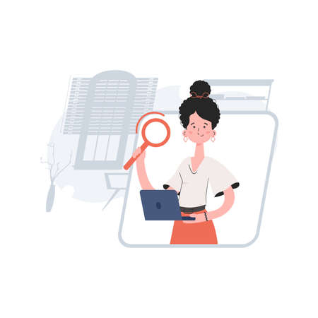 The girl is waist-deep holding a magnifying glass. search. Element for presentations, sites. vector illustrationのイラスト素材